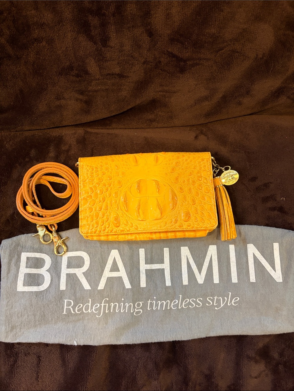 Brahmin Croc-Embossed Ochre Leather Crossbody with Tassel